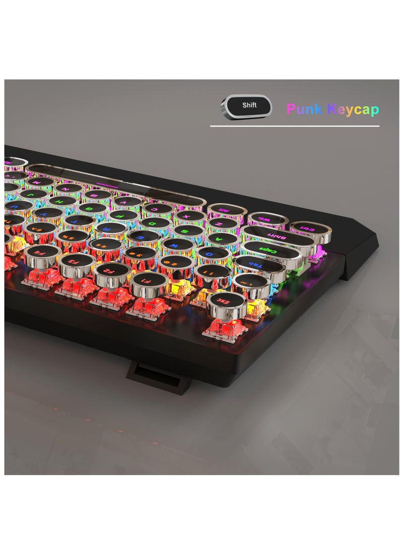 MageGee - MageGee Typewriter Mechanical Gaming Keyboard, Retro Punk Round Keycaps with RGB Rainbow Backlit USB Wired Keyboards for Game and Office, for Windows Laptop PC Mac - Blue Switches/Black - Image 1