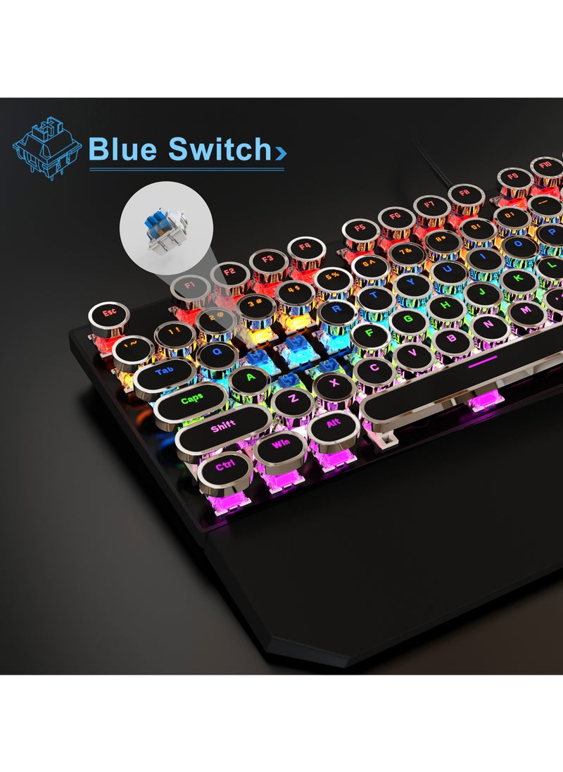 MageGee - MageGee Typewriter Mechanical Gaming Keyboard, Retro Punk Round Keycaps with RGB Rainbow Backlit USB Wired Keyboards for Game and Office, for Windows Laptop PC Mac - Blue Switches/Black - Image 1