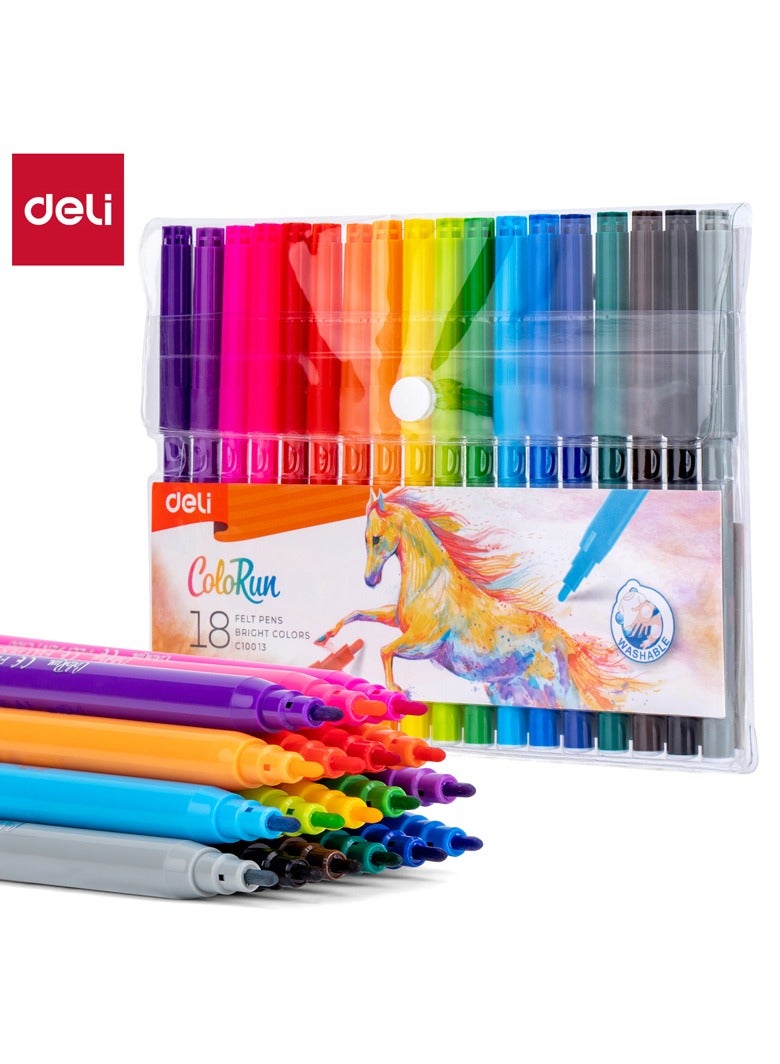 Deli EC10013 COLORUN Washable Felt Pen, Round Barrel, Fiber Conical Tip 1.0-1.2mm, 18 Colors - Image 1