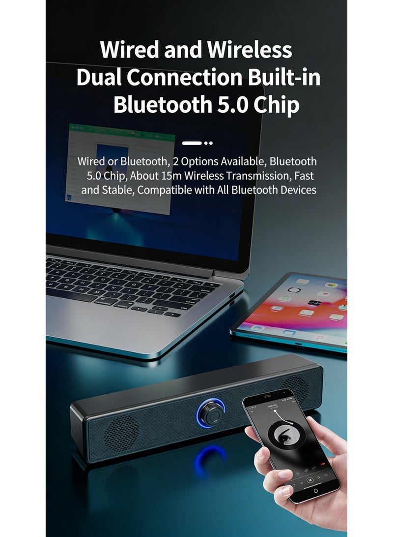 Computer Speaker Bluetooth Speaker, support both Bluetooth Connection and 3.5mm AUX Input, USB Powered Soundbar with Volume Knob - Image 2