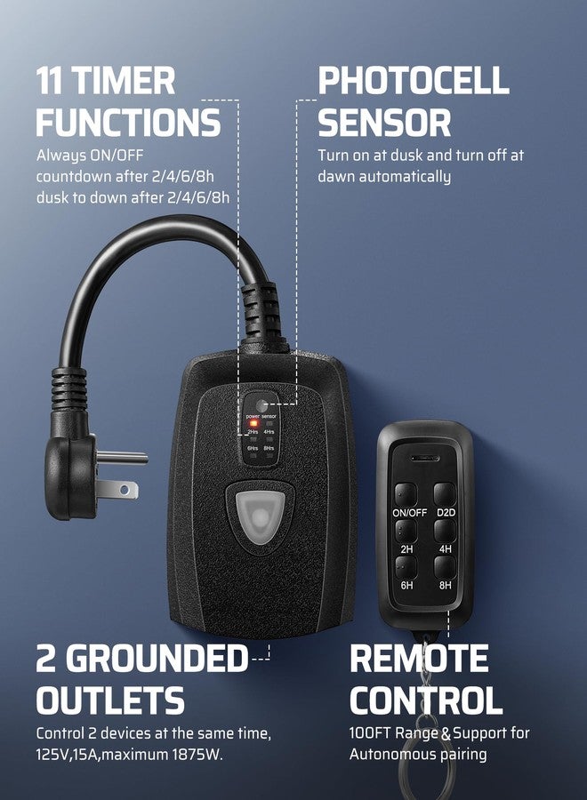 DEWENWILS Outdoor Timer Outlet Waterproof, 15A 1/2HP, 2 Grounded Outlets, 100FT Remote Control, Black, FCC Listed - Image 5
