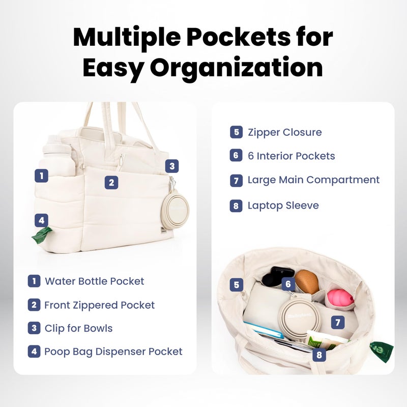 rubyloo Puffer Dog Travel Bag for Dog Moms â€“ Doggy Diaper Bag with Pet Bowls & Food Storage or Everyday Puffy Tote â€“ Doggy Mom Gifts for Women â€“ Lightweight, Travel-Ready Gift for Pet Lovers â€“ Beige - Image 4