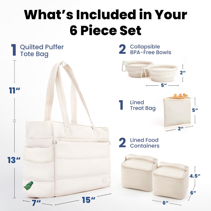 rubyloo Puffer Dog Travel Bag for Dog Moms â€“ Doggy Diaper Bag with Pet Bowls & Food Storage or Everyday Puffy Tote â€“ Doggy Mom Gifts for Women â€“ Lightweight, Travel-Ready Gift for Pet Lovers â€“ Beige - Image 3