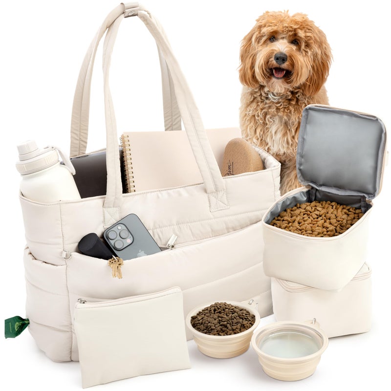 rubyloo Puffer Dog Travel Bag for Dog Moms â€“ Doggy Diaper Bag with Pet Bowls & Food Storage or Everyday Puffy Tote â€“ Doggy Mom Gifts for Women â€“ Lightweight, Travel-Ready Gift for Pet Lovers â€“ Beige - Image 1