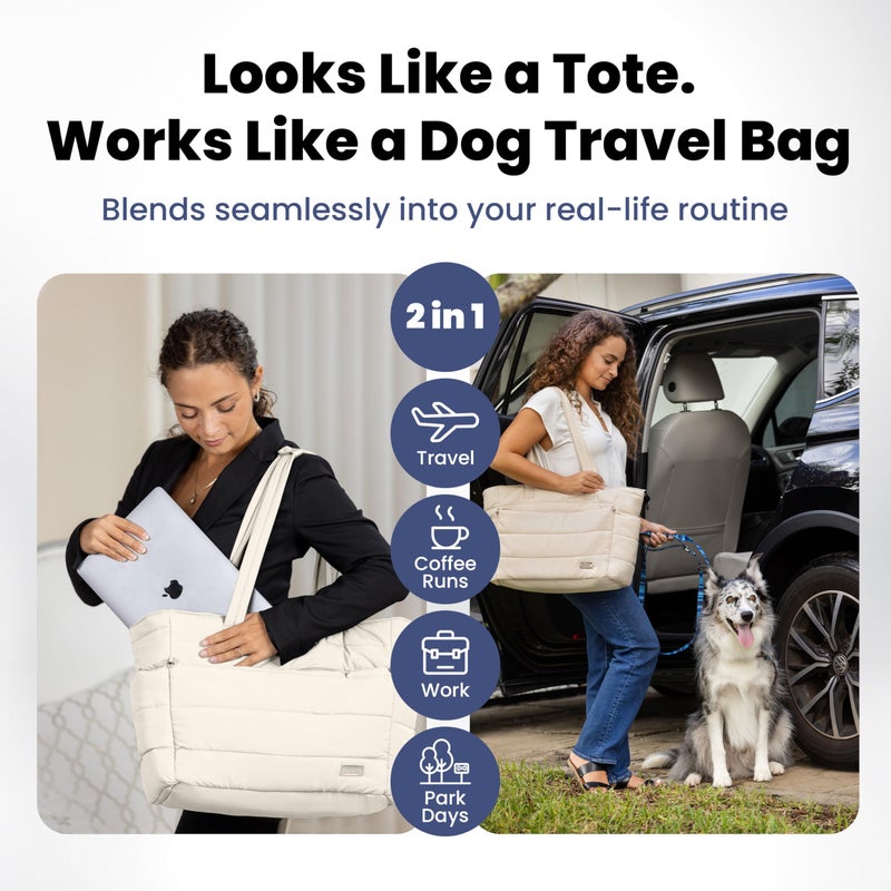 rubyloo Puffer Dog Travel Bag for Dog Moms â€“ Doggy Diaper Bag with Pet Bowls & Food Storage or Everyday Puffy Tote â€“ Doggy Mom Gifts for Women â€“ Lightweight, Travel-Ready Gift for Pet Lovers â€“ Beige - Image 2