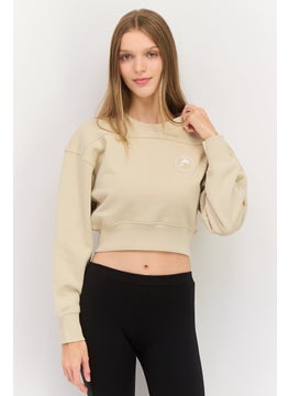 ESPRIT Women Crew Neck Brand Logo Long Sleeves Crop Sweatshirt, Beige  - Image 1