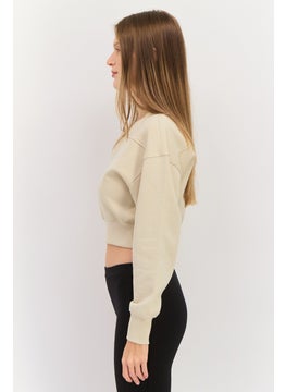 ESPRIT Women Crew Neck Brand Logo Long Sleeves Crop Sweatshirt, Beige  - Image 3