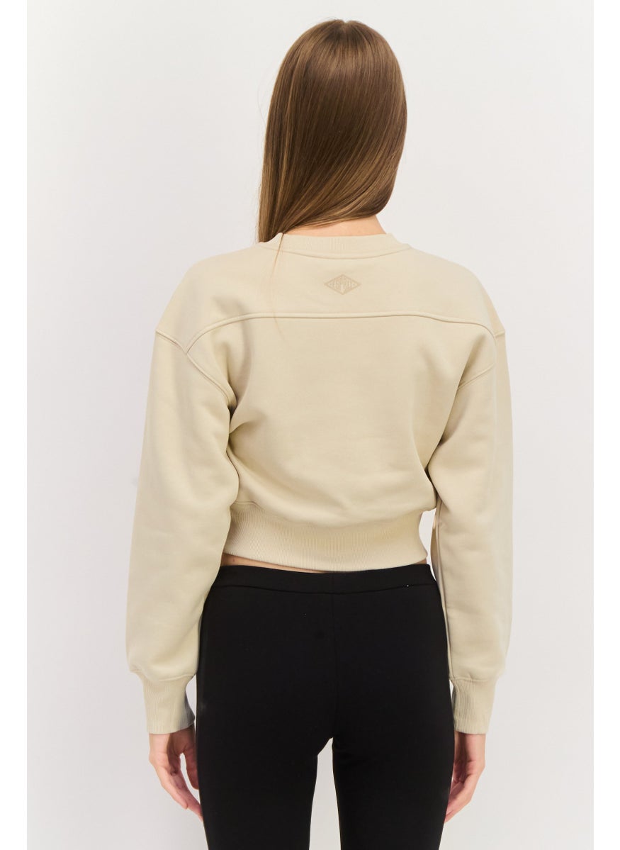 ESPRIT - Women Crew Neck Brand Logo Long Sleeves Crop Sweatshirt, Beige - Image 1