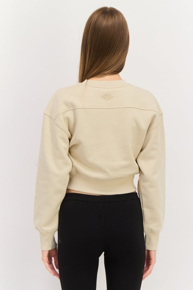 ESPRIT Women Crew Neck Brand Logo Long Sleeves Crop Sweatshirt, Beige - Image 2
