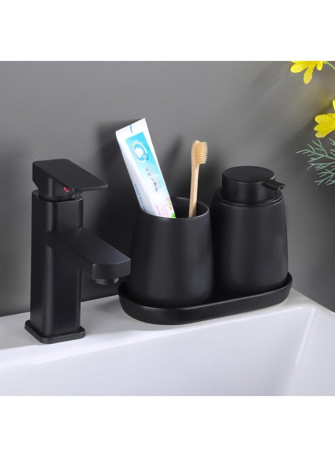Matte Black Bathroom Accessory Set - 3pcs Ceramic Soap Dispenser Set Vanity Countertop Accessories Set, Includes Refillable Lotion Hand Soap Dispenser, Toothbrush Holder and Tray (Liquid Pump) - Image 5