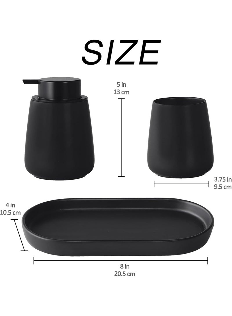 Matte Black Bathroom Accessory Set - 3pcs Ceramic Soap Dispenser Set Vanity Countertop Accessories Set, Includes Refillable Lotion Hand Soap Dispenser, Toothbrush Holder and Tray (Liquid Pump) - Image 2
