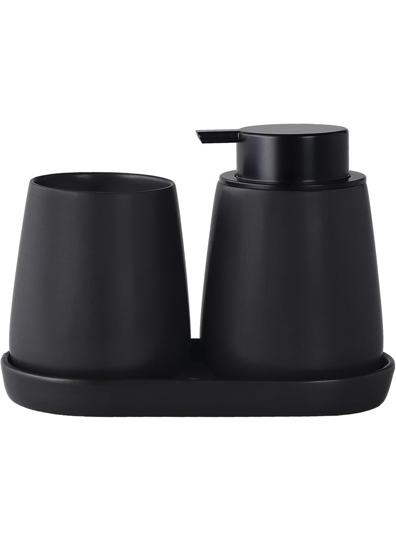 Matte Black Bathroom Accessory Set - 3pcs Ceramic Soap Dispenser Set Vanity Countertop Accessories Set, Includes Refillable Lotion Hand Soap Dispenser, Toothbrush Holder and Tray (Liquid Pump) - Image 1