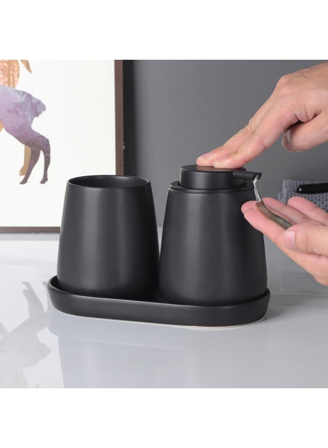 Matte Black Bathroom Accessory Set - 3pcs Ceramic Soap Dispenser Set Vanity Countertop Accessories Set, Includes Refillable Lotion Hand Soap Dispenser, Toothbrush Holder and Tray (Liquid Pump) - Image 4