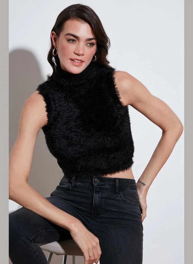 ليلا ليلى سويتر قصير بياقة عالية ناعم منفوش بقصة ضيقة للنساء