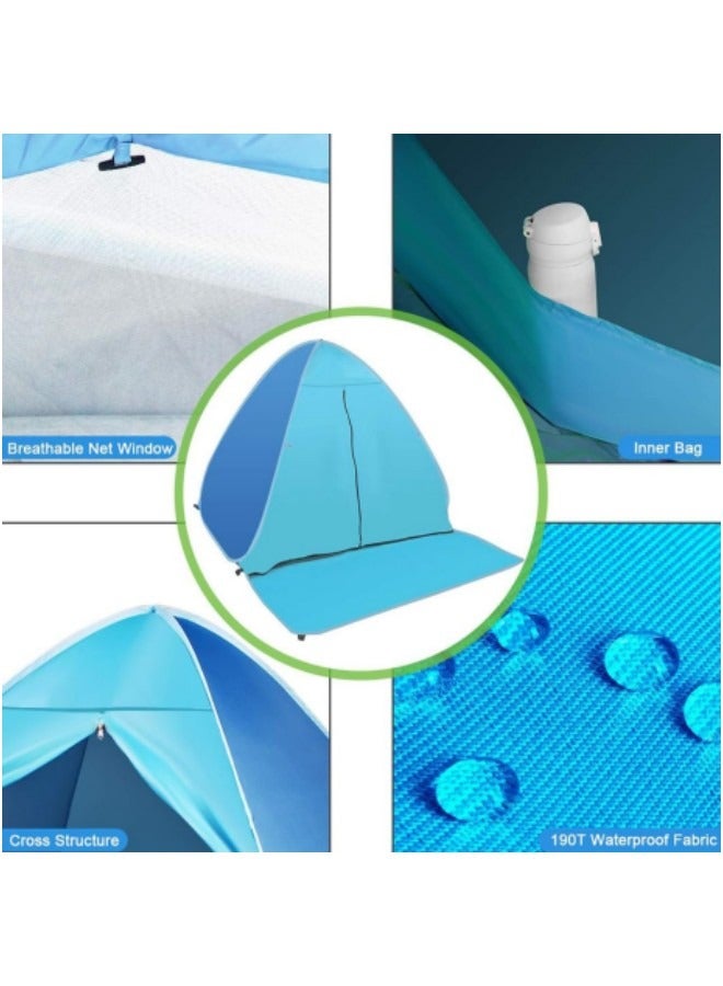GGEROU خيمة شاطئ، مظلة شاطئ سهلة الفتح، خيمة شاطئ محمولة مع حقيبة حمل، خيمة محمولة فورية مضادة للأشعة فوق البنفسجية، عامل حماية من أشعة الشمس UPF 50+، لشخصين إلى ثلاثة أشخاص، أزرق - Image 3