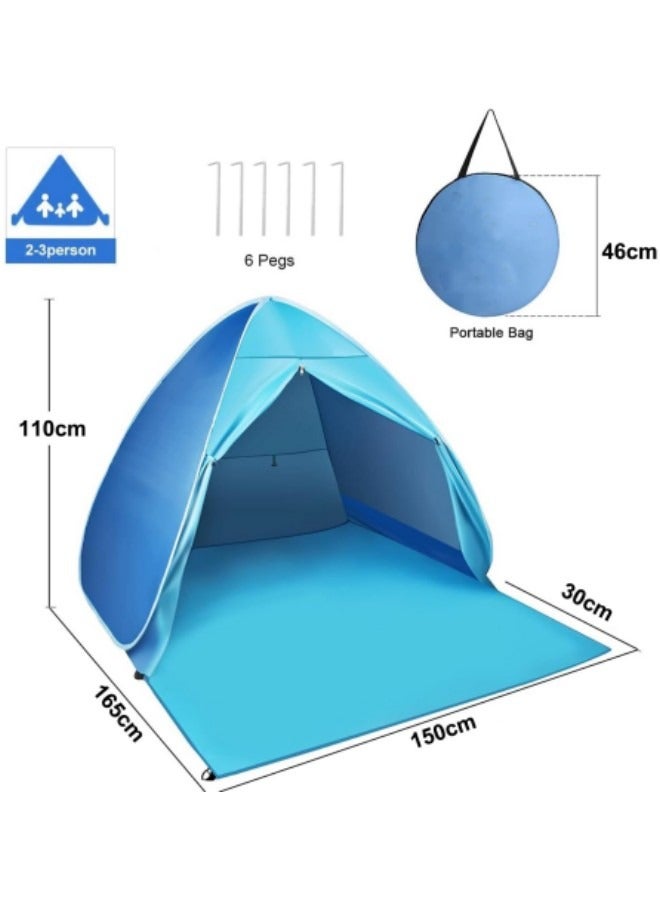 GGEROU خيمة شاطئ، مظلة شاطئ سهلة الفتح، خيمة شاطئ محمولة مع حقيبة حمل، خيمة محمولة فورية مضادة للأشعة فوق البنفسجية، عامل حماية من أشعة الشمس UPF 50+، لشخصين إلى ثلاثة أشخاص، أزرق - Image 2