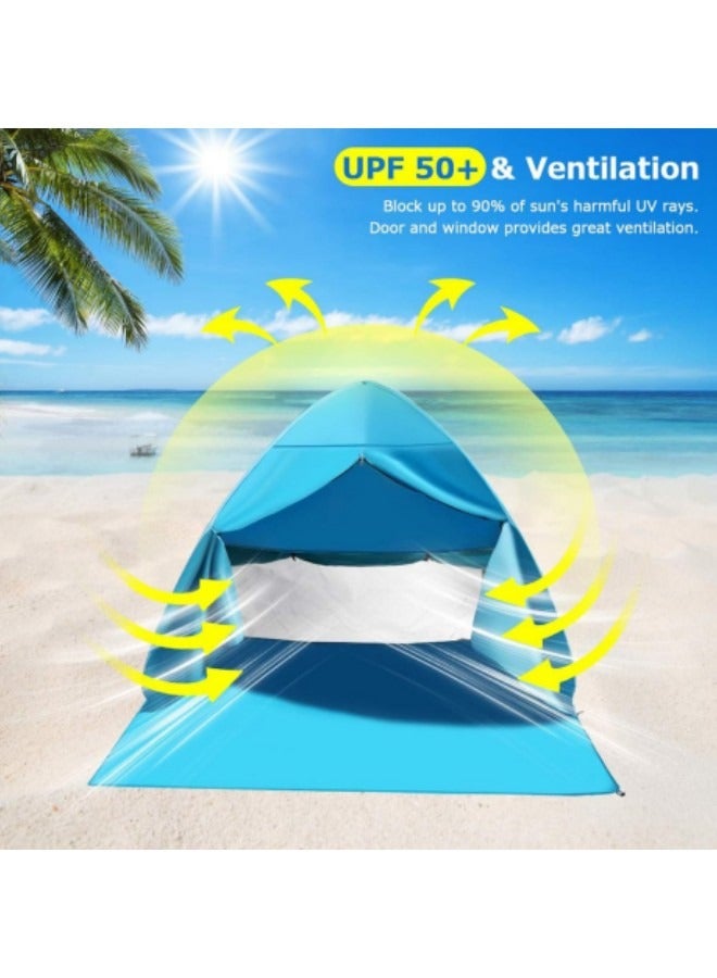 GGEROU خيمة شاطئ، مظلة شاطئ سهلة الفتح، خيمة شاطئ محمولة مع حقيبة حمل، خيمة محمولة فورية مضادة للأشعة فوق البنفسجية، عامل حماية من أشعة الشمس UPF 50+، لشخصين إلى ثلاثة أشخاص، أزرق - Image 4