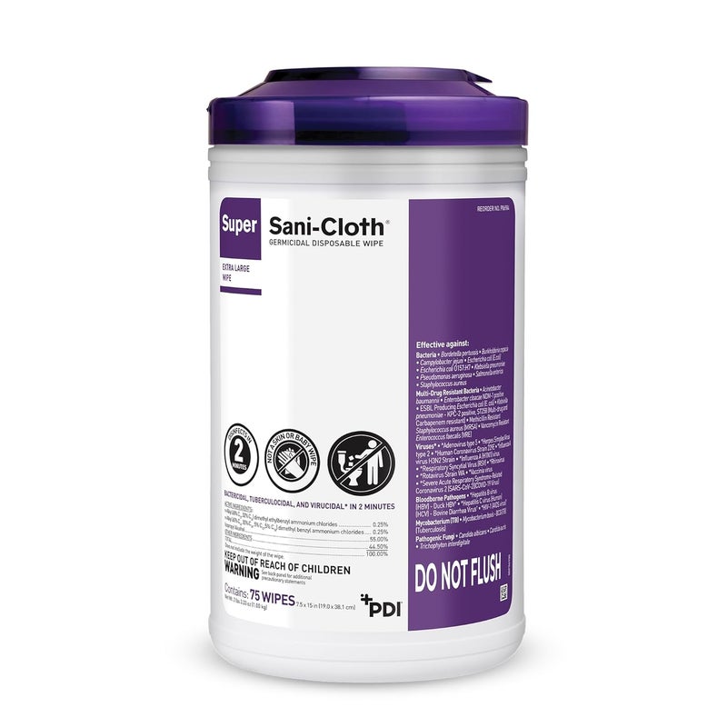 PDI Super Sani-Cloth Germicidal Disposable Wipe, Hospital-Grade Disinfection, Purple Top, 1 Canister of 75 X-Large 5'' x 8'' Wipes - Image 1