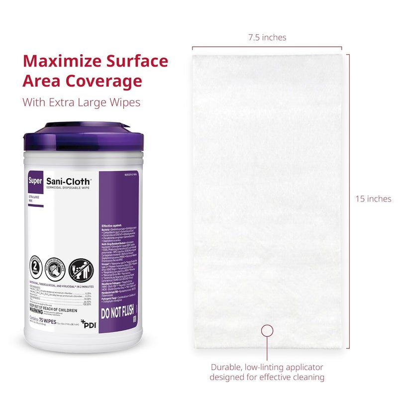 PDI Super Sani-Cloth Germicidal Disposable Wipe, Hospital-Grade Disinfection, Purple Top, 1 Canister of 75 X-Large 5'' x 8'' Wipes - Image 4