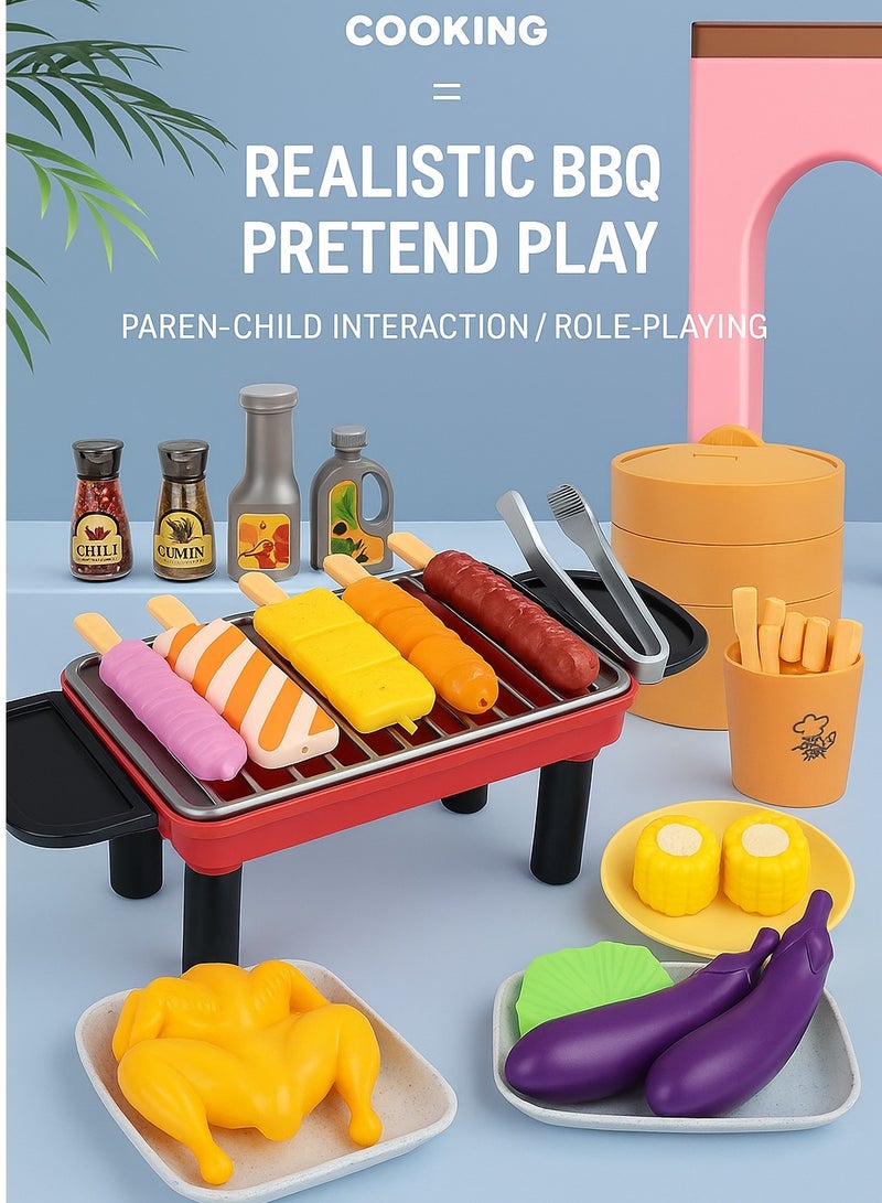 55 pcs Small BBQ Grill Playset Toy Barbecue Kitchen Cooking Playset, Interactive Grill Play Food Cooking Playset Pretend BBQ Accessories Set for Girls Boys Toddler - Image 1