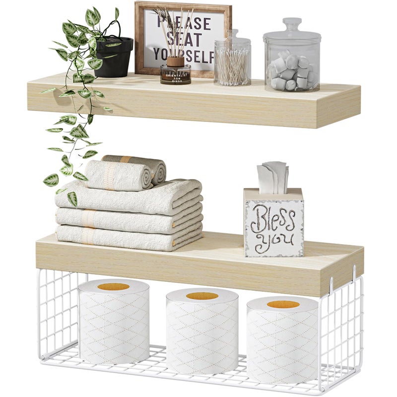 QEEIG Bathroom Shelves Over Toilet  Wall Mounted Floating Shelves Toilet Paper Storage Small Farmhouse Decor Shelf 16 inch Set of 2 Natural 019BNW2