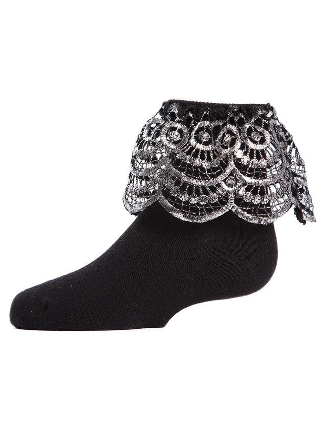 MeMoi Metallic Scalloped Cotton Blend Anklet Socks Black Silver 10 - Image 2