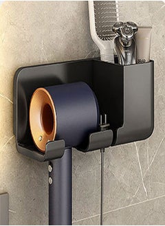 GUDOO Hair Dryer Holder Blow Dryer Hanger Wall Mount Hair Tool Organizer Blow Dryer Holder with Plug and Cord Organizer Hair Dryer Holder Wall Mount Self Adhesive for Bedroom and Bathroom Black  - Image 1