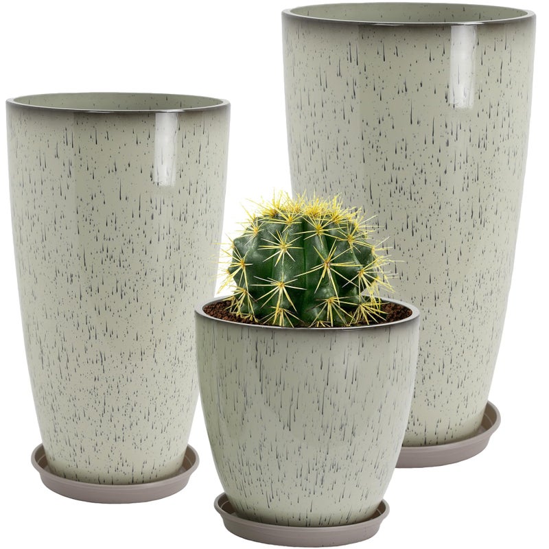 Neoaider 24/21/12 Inch Large Plastic Planter, Lightweight Ceramic-Look Tall Planters with Drain Hole & Saucers, Tall Plastic Planters for Porch, Garden, Patio, Balcony(Glaze Beige) - Image 1
