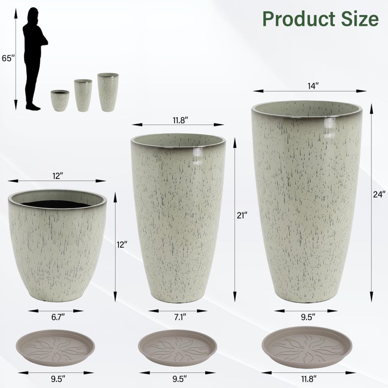 Neoaider 24/21/12 Inch Large Plastic Planter, Lightweight Ceramic-Look Tall Planters with Drain Hole & Saucers, Tall Plastic Planters for Porch, Garden, Patio, Balcony(Glaze Beige) - Image 3