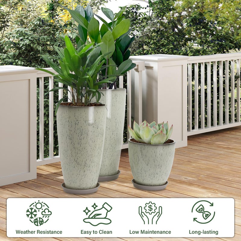 Neoaider 24/21/12 Inch Large Plastic Planter, Lightweight Ceramic-Look Tall Planters with Drain Hole & Saucers, Tall Plastic Planters for Porch, Garden, Patio, Balcony(Glaze Beige) - Image 2