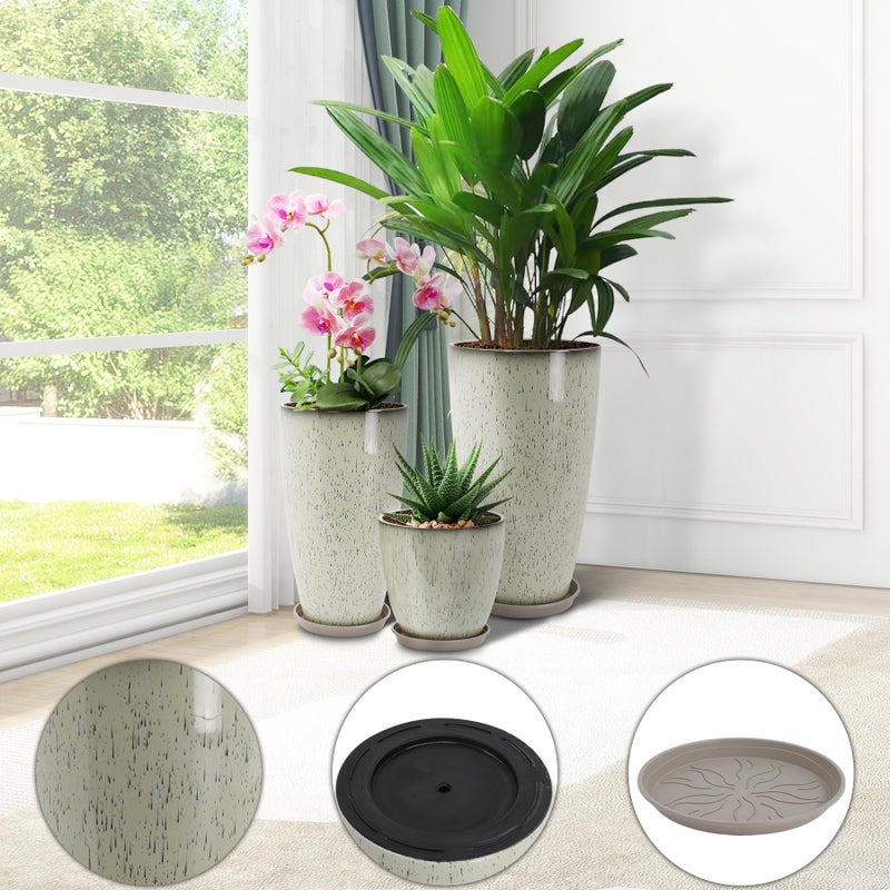 Neoaider 24/21/12 Inch Large Plastic Planter, Lightweight Ceramic-Look Tall Planters with Drain Hole & Saucers, Tall Plastic Planters for Porch, Garden, Patio, Balcony(Glaze Beige) - Image 4