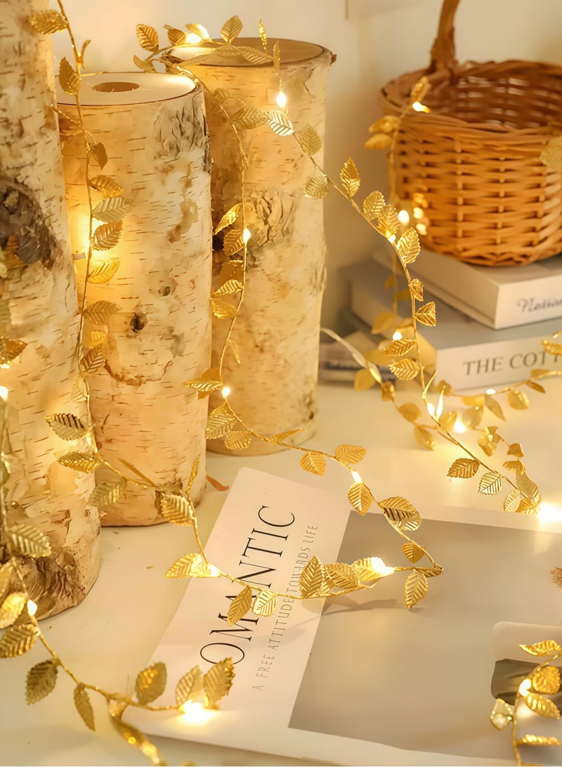 5m/50 LED Gold Leaf Decorative String Lights, Copper Wire Starlight LED Fairy Lights, Battery Powered Lights for Bedroom, Party, Wedding, Centerpieces, Decoration (Warm White) - Image 1