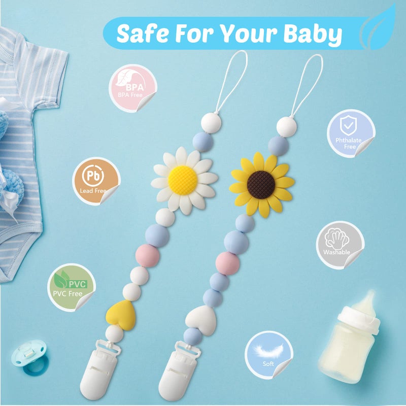 LSTRAGY Silicone Pacifier Clip, 2 Pack Pacifier Holder for Boys and Girls, Adorable Sunflower Pacifier Clips Fits for Most Pacifier, Baby Teethers, Baby Shower and Baby Gift(White&Yellow) - Image 4