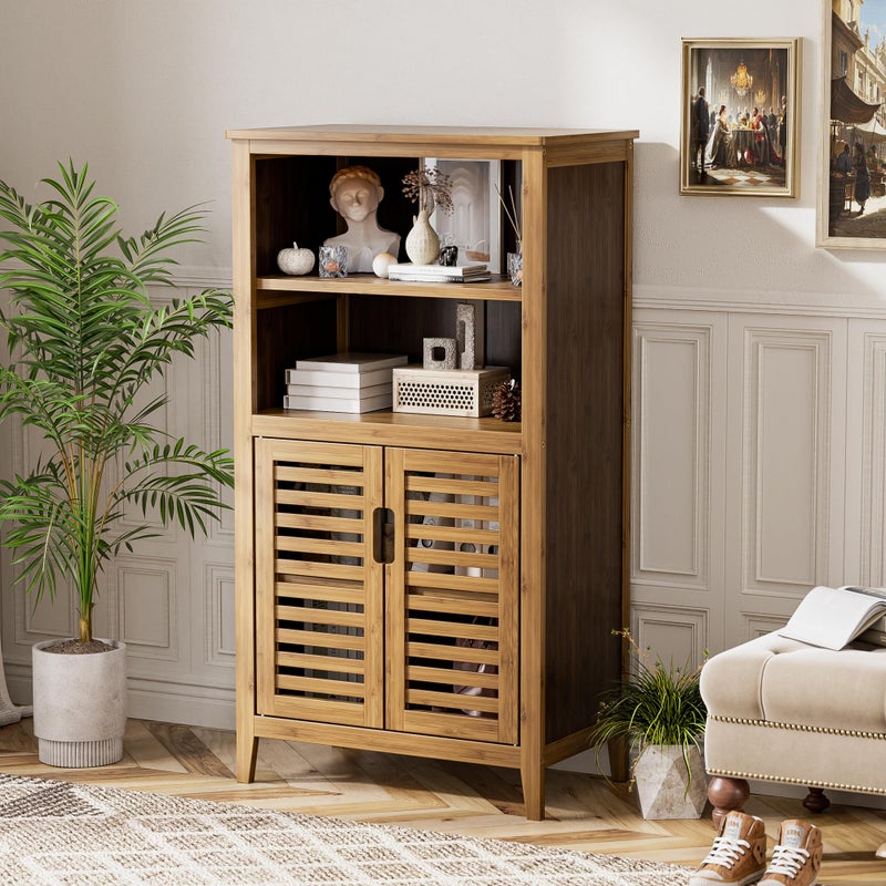 HITNET Walnut Bathroom Floor Cabinet, Bamboo Side Tall Storage Organizer, Freestanding Kitchen Cupboard with Door and Removable Shelf - Image 2