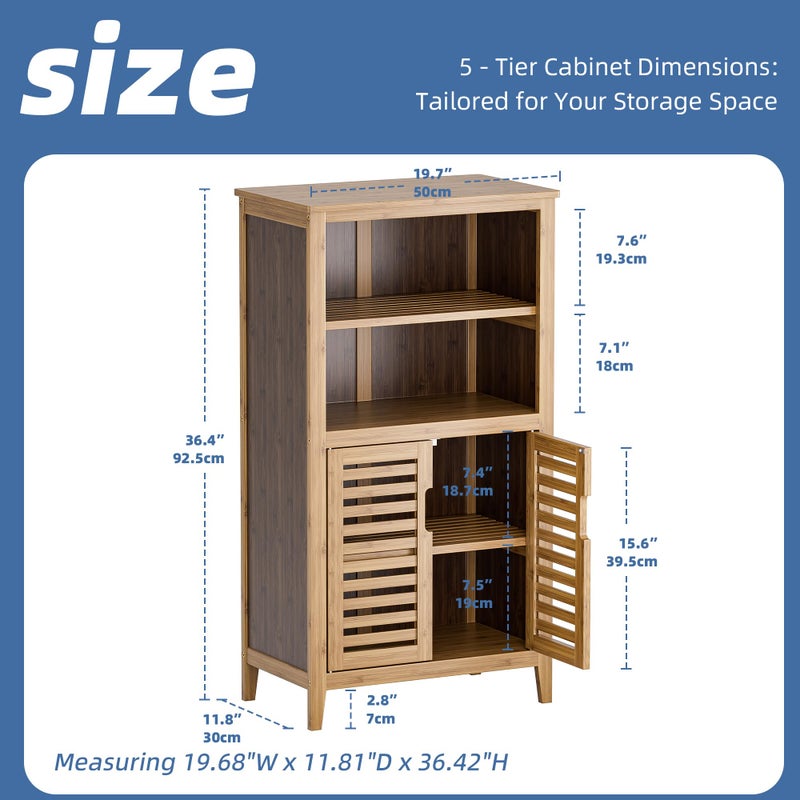 HITNET Walnut Bathroom Floor Cabinet, Bamboo Side Tall Storage Organizer, Freestanding Kitchen Cupboard with Door and Removable Shelf - Image 3