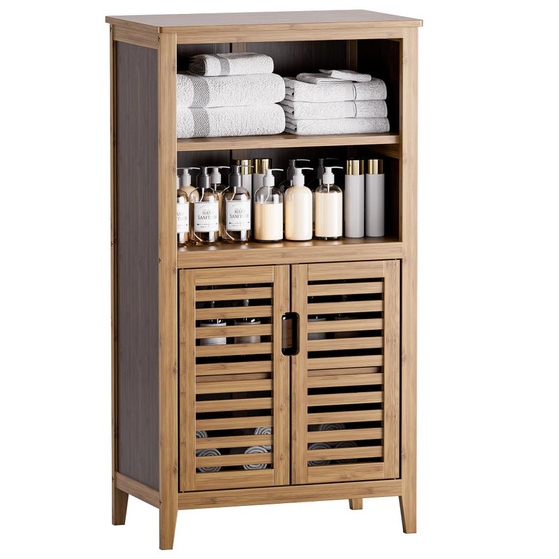HITNET Walnut Bathroom Floor Cabinet, Bamboo Side Tall Storage Organizer, Freestanding Kitchen Cupboard with Door and Removable Shelf - Image 1