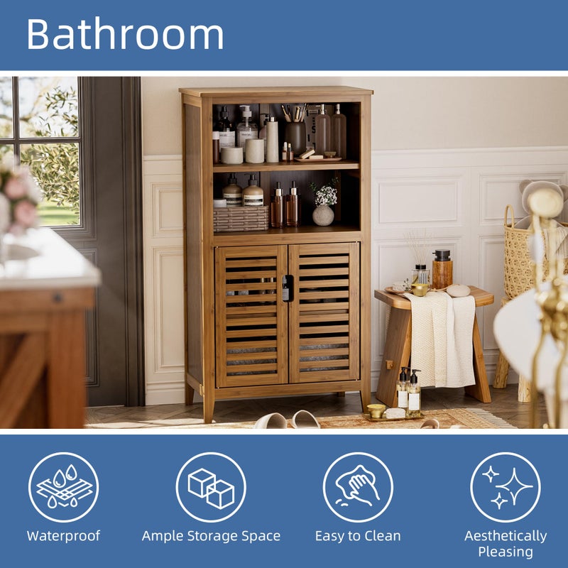 HITNET Walnut Bathroom Floor Cabinet, Bamboo Side Tall Storage Organizer, Freestanding Kitchen Cupboard with Door and Removable Shelf - Image 5