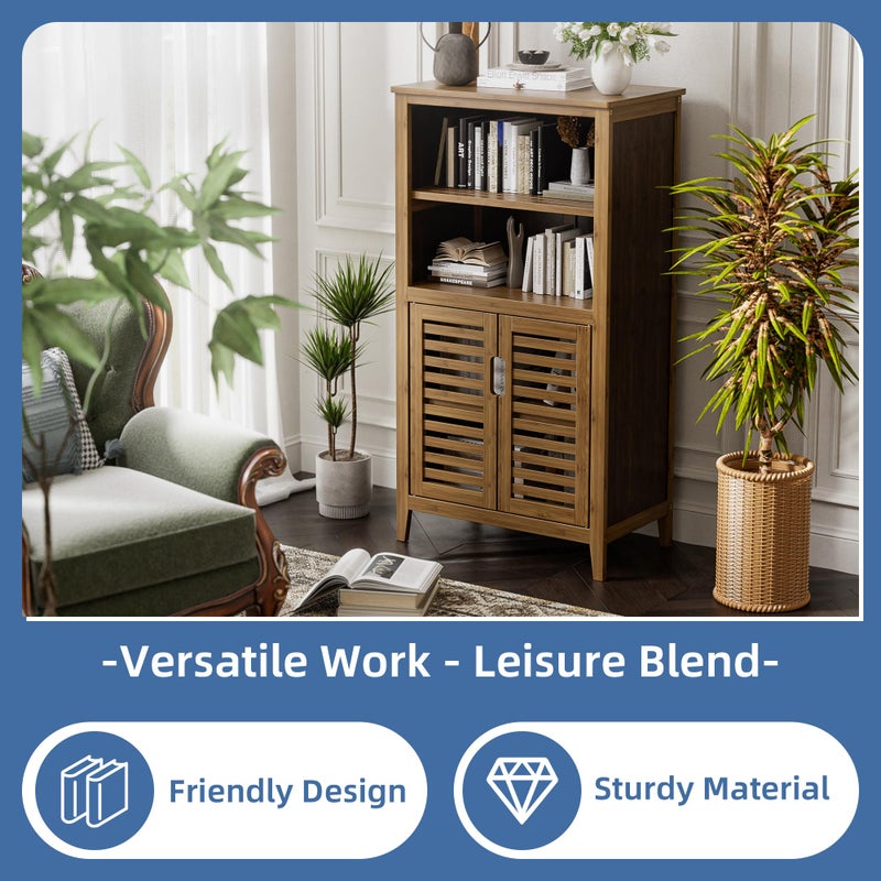 HITNET Walnut Bathroom Floor Cabinet, Bamboo Side Tall Storage Organizer, Freestanding Kitchen Cupboard with Door and Removable Shelf - Image 4