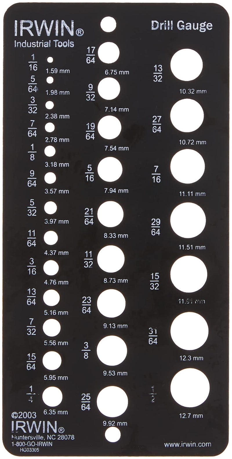 IRWIN Drill Bit Gauge, 1/16-to-1/2-Inch, 29-Hole (12092) - Image 1
