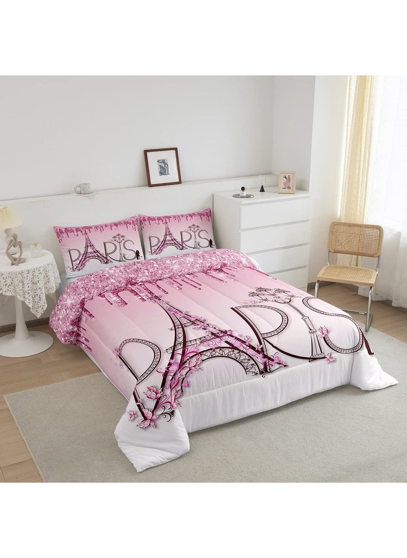 Homewish Eiffel Tower Comforter Set Twin Size Pink Shimmer Floral Dreamy Down Comforter for Girls Boys Adults Couple Bedroom Decor Famous Paris Architecture Bedding Set Romantic Duvet Insert 1 Pillowcase  - Image 2