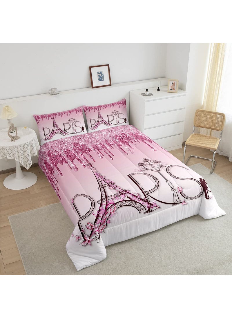 Homewish Eiffel Tower Comforter Set Twin Size Pink Shimmer Floral Dreamy Down Comforter for Girls Boys Adults Couple Bedroom Decor Famous Paris Architecture Bedding Set Romantic Duvet Insert 1 Pillowcase  - Image 3