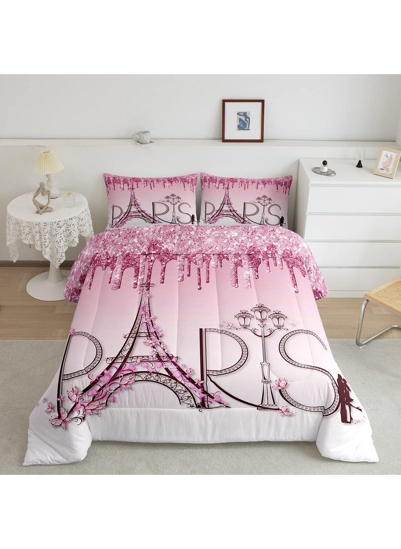 Homewish Eiffel Tower Comforter Set Twin Size Pink Shimmer Floral Dreamy Down Comforter for Girls Boys Adults Couple Bedroom Decor Famous Paris Architecture Bedding Set Romantic Duvet Insert 1 Pillowcase  - Image 1