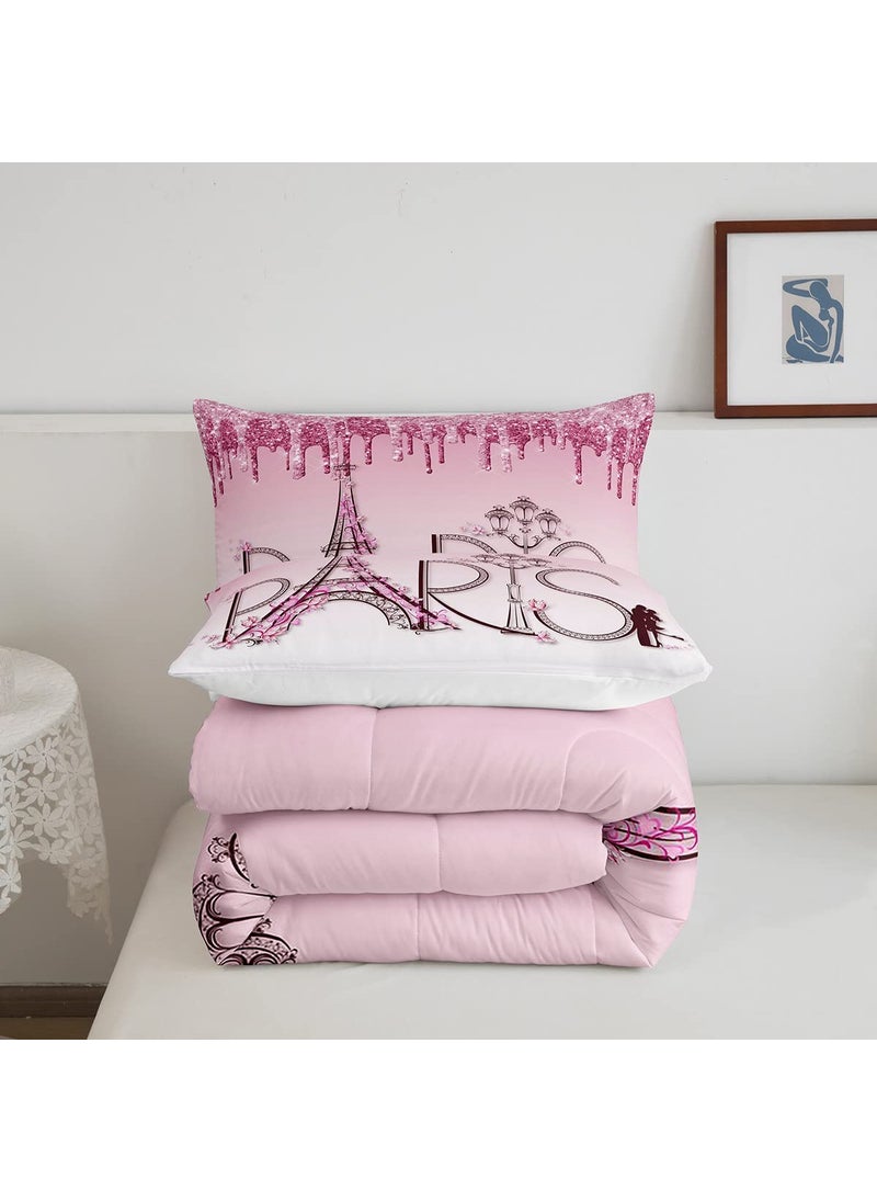 Homewish Eiffel Tower Comforter Set Twin Size Pink Shimmer Floral Dreamy Down Comforter for Girls Boys Adults Couple Bedroom Decor Famous Paris Architecture Bedding Set Romantic Duvet Insert 1 Pillowcase  - Image 5
