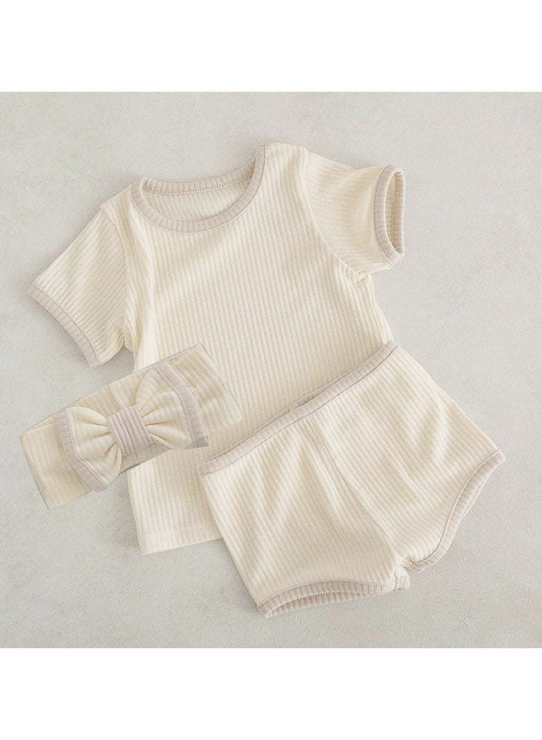 Baby Soft Breathable Cotton Short-Sleeved T-Shirt + Shorts Split + Hairband Cream Color Three-Piece Set - Image 1