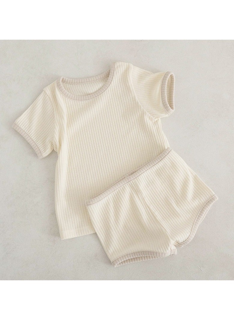 Baby Soft Breathable Cotton Short-Sleeved T-Shirt + Shorts Split + Hairband Cream Color Three-Piece Set - Image 2
