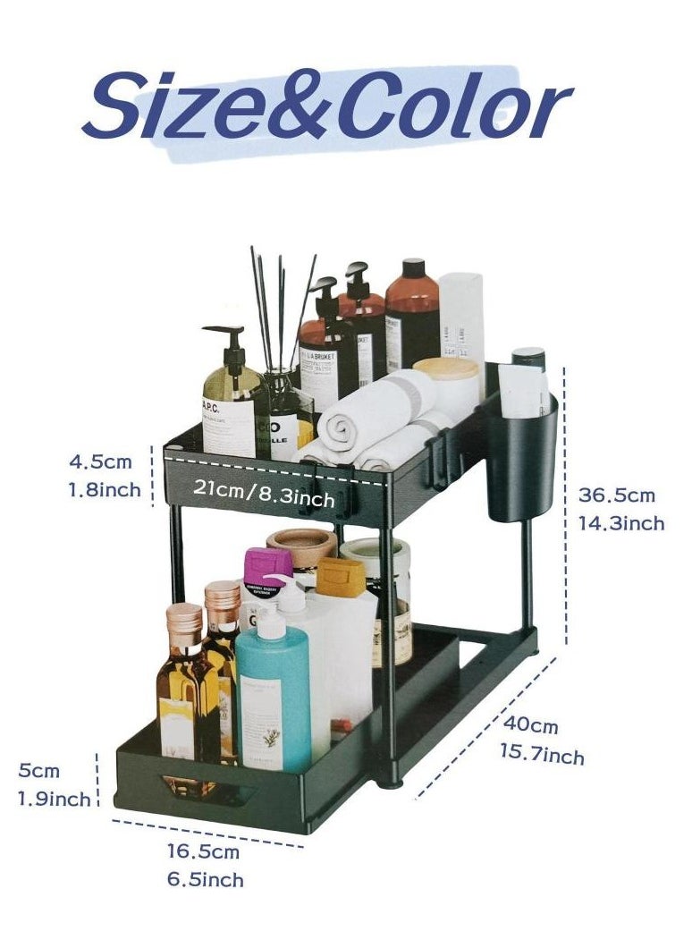 AIWANTO Double Sliding Cabinet Organizer 2-Tier Pull-out Drawer Under Sink Organizers and Multi-purpose Kitchen Bathroom Sink Shelf Storage Rack for Cabinet with 5 Hooks and 2 Utensil Holder Black 36.5x40x16.5cm  - Image 5