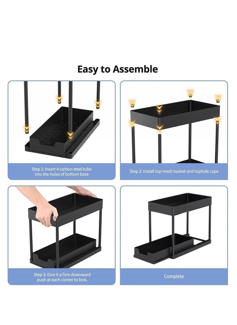AIWANTO Double Sliding Cabinet Organizer 2-Tier Pull-out Drawer Under Sink Organizers and Multi-purpose Kitchen Bathroom Sink Shelf Storage Rack for Cabinet with 5 Hooks and 2 Utensil Holder Black 36.5x40x16.5cm  - Image 2