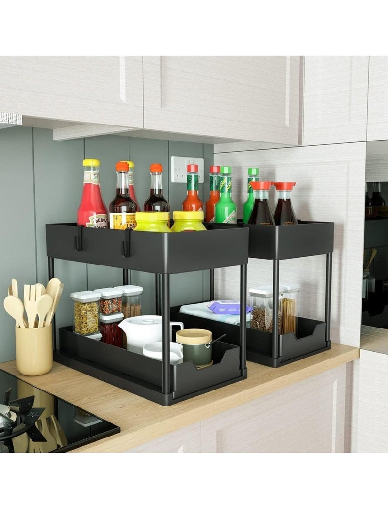 AIWANTO Double Sliding Cabinet Organizer 2-Tier Pull-out Drawer Under Sink Organizers and Multi-purpose Kitchen Bathroom Sink Shelf Storage Rack for Cabinet with 5 Hooks and 2 Utensil Holder Black 36.5x40x16.5cm  - Image 4
