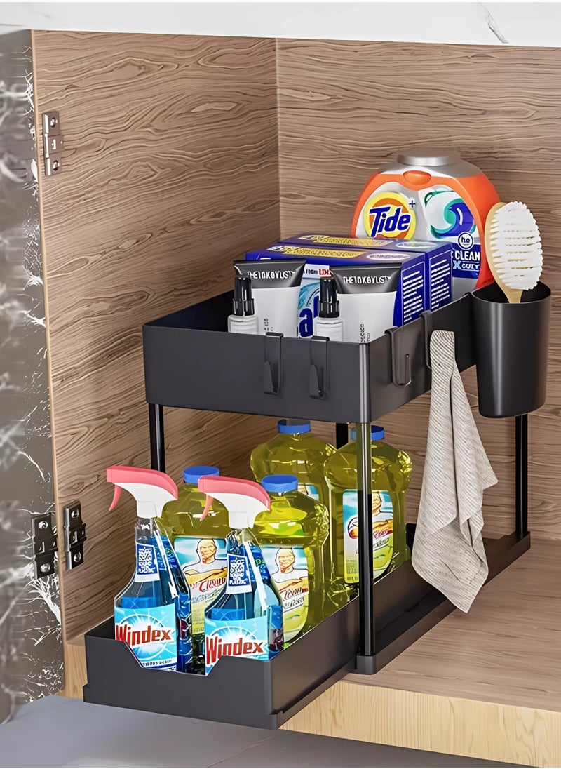 AIWANTO Double Sliding Cabinet Organizer 2-Tier Pull-out Drawer Under Sink Organizers and Multi-purpose Kitchen Bathroom Sink Shelf Storage Rack for Cabinet with 5 Hooks and 2 Utensil Holder Black 36.5x40x16.5cm  - Image 1