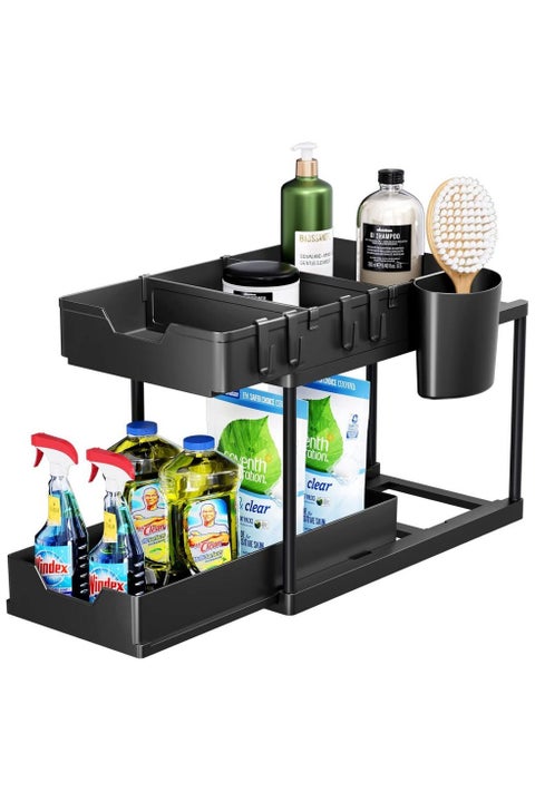 Double Sliding Cabinet Organizer 2-Tier Pull-out Drawer Under Sink Organizers and Multi-purpose Kitchen Bathroom Sink Shelf Storage Rack for Cabinet with 5 Hooks and 2 Utensil Holder Black 36.5x40x16.5cm